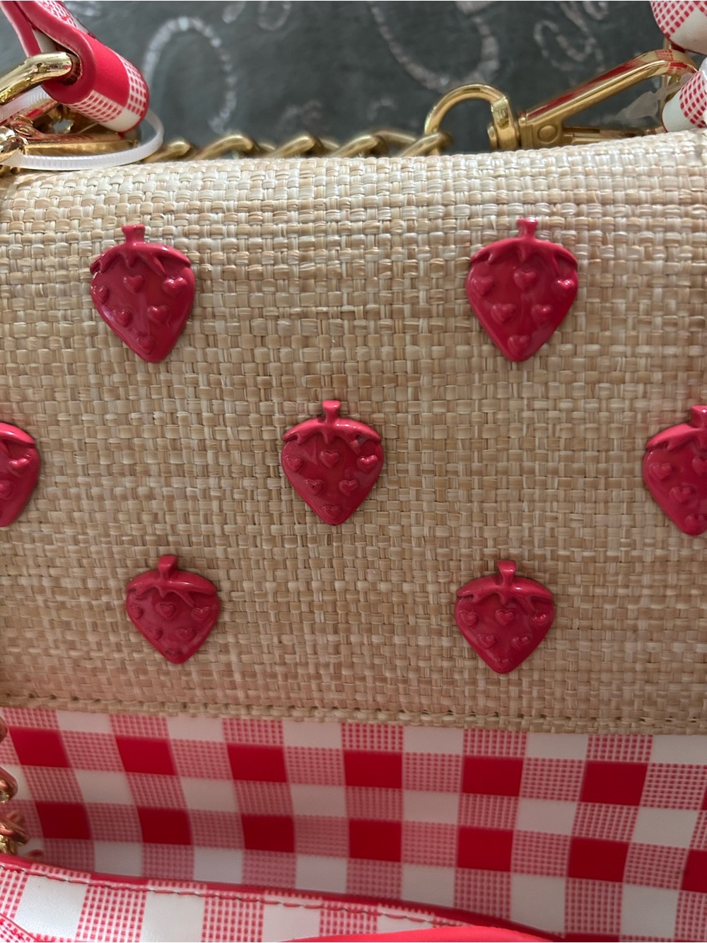 NWT Betsey Johnson, Mini Red & Cream Gingham Strawberry Crossbody Bag with Charm - Picture 3 of 9